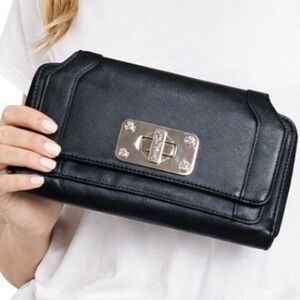 Rough Roses Black Leather Wallet Clutch Turn Lock Zip Around Rose Print Lining